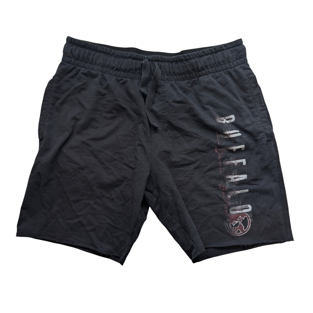 Buffalo David Bitton Mens Black Graphic Sweat Shorts Raw Hem Large
